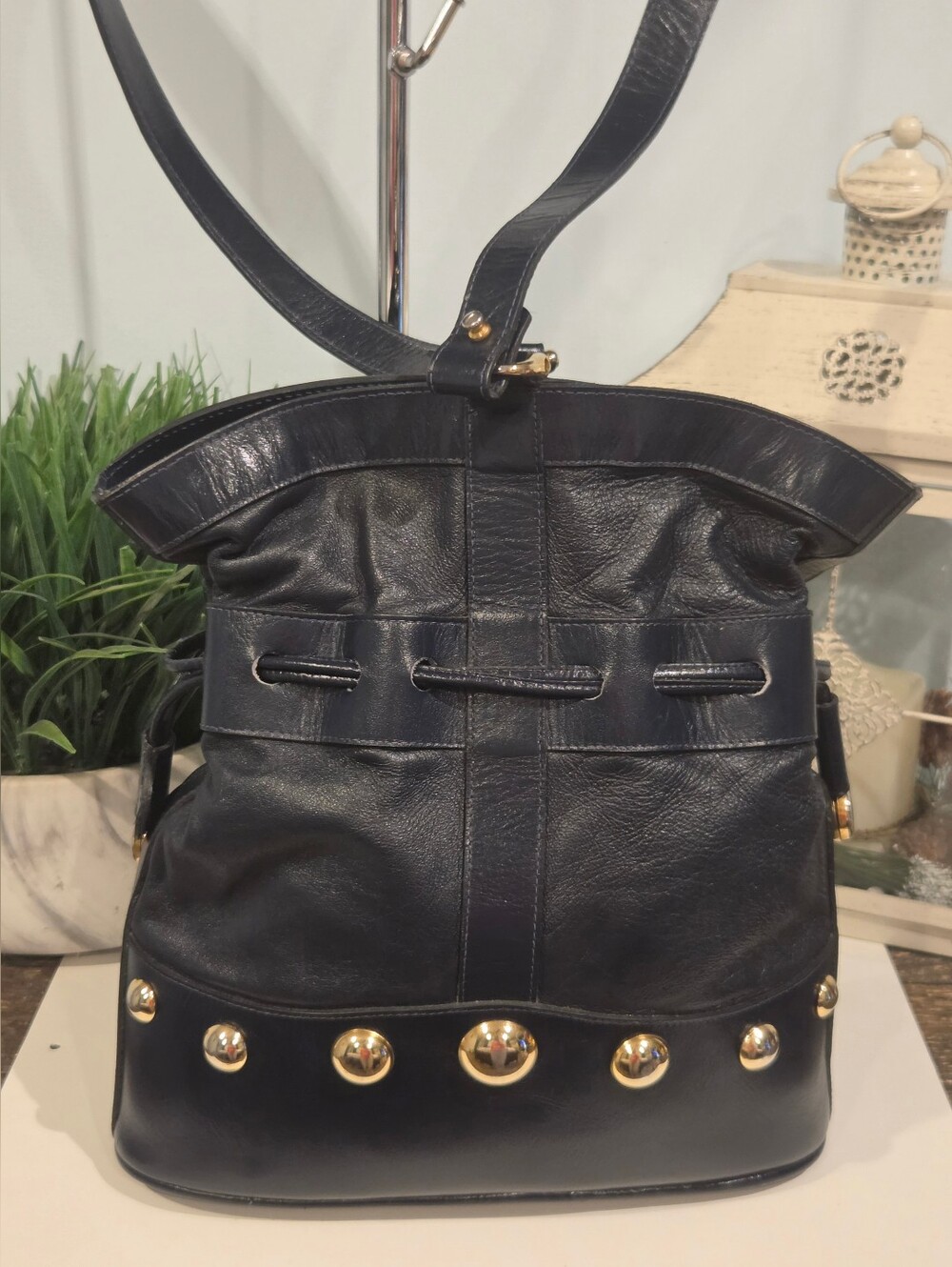 Georges Sara Vintage Egyptian Leather Drawstring Bucket Bag Black & Gold